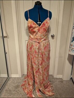 Dress The Population Floral Dress with Waist Tie - Pink & Gold